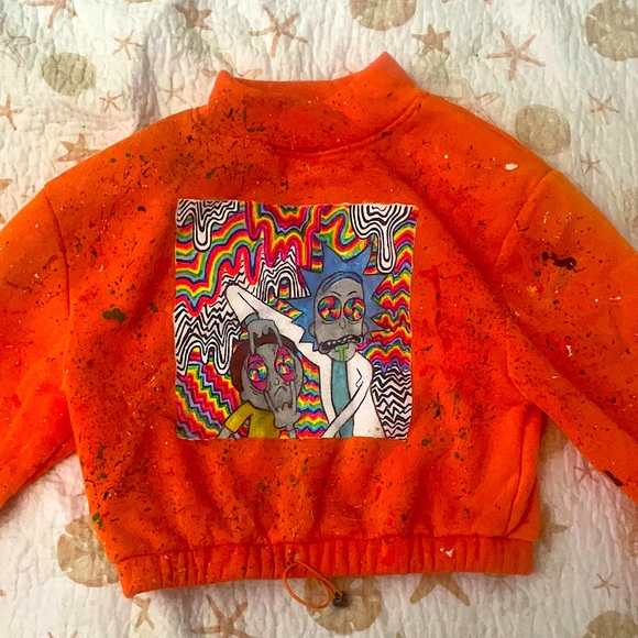 Hand painted trippy Rick and morty orange sweatshirt, slightly cropped, - Picture 1 of 2